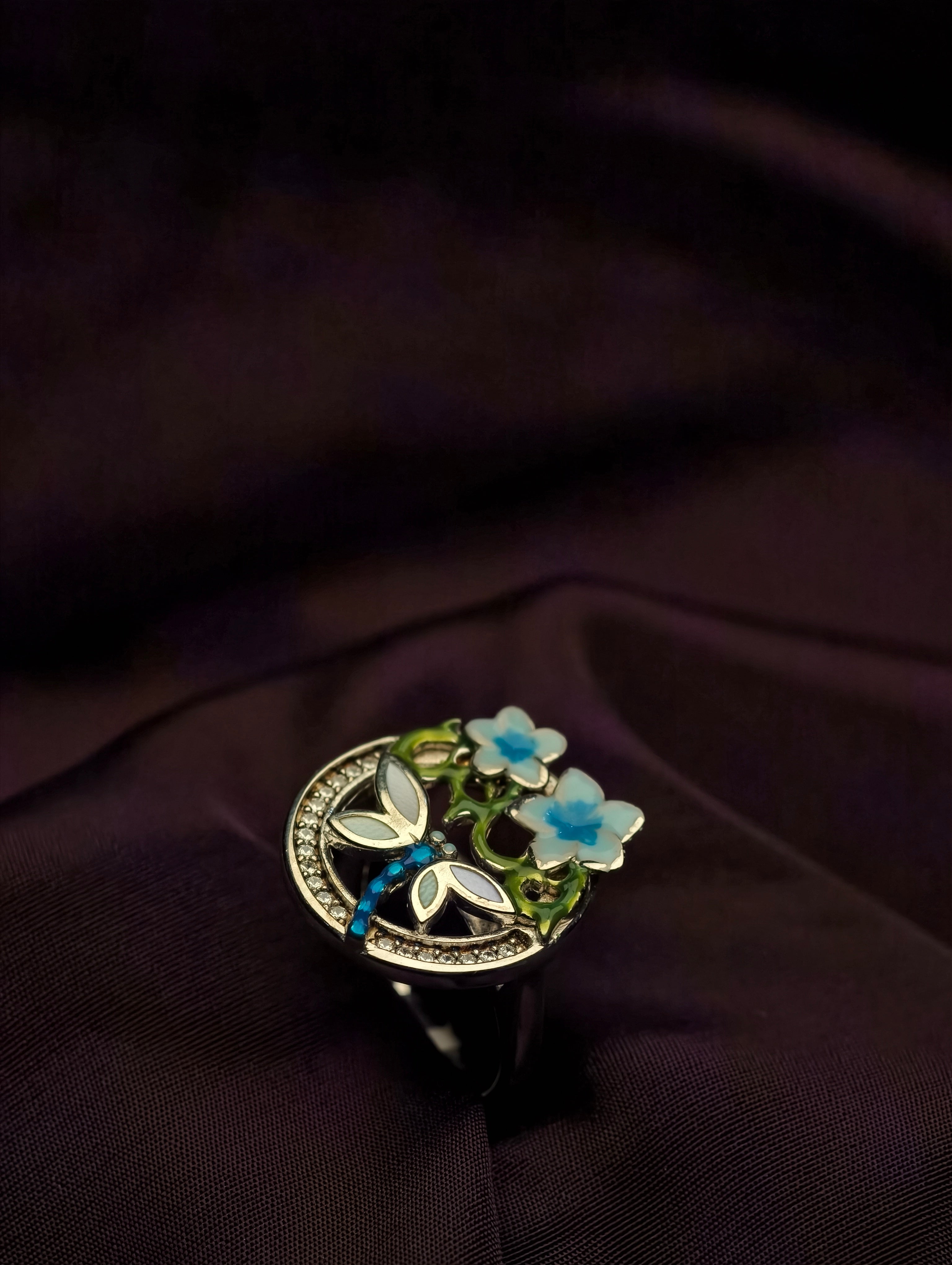 Dragonfly and Floral Statement Ring