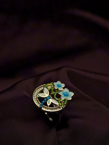 Dragonfly and Floral Statement Ring