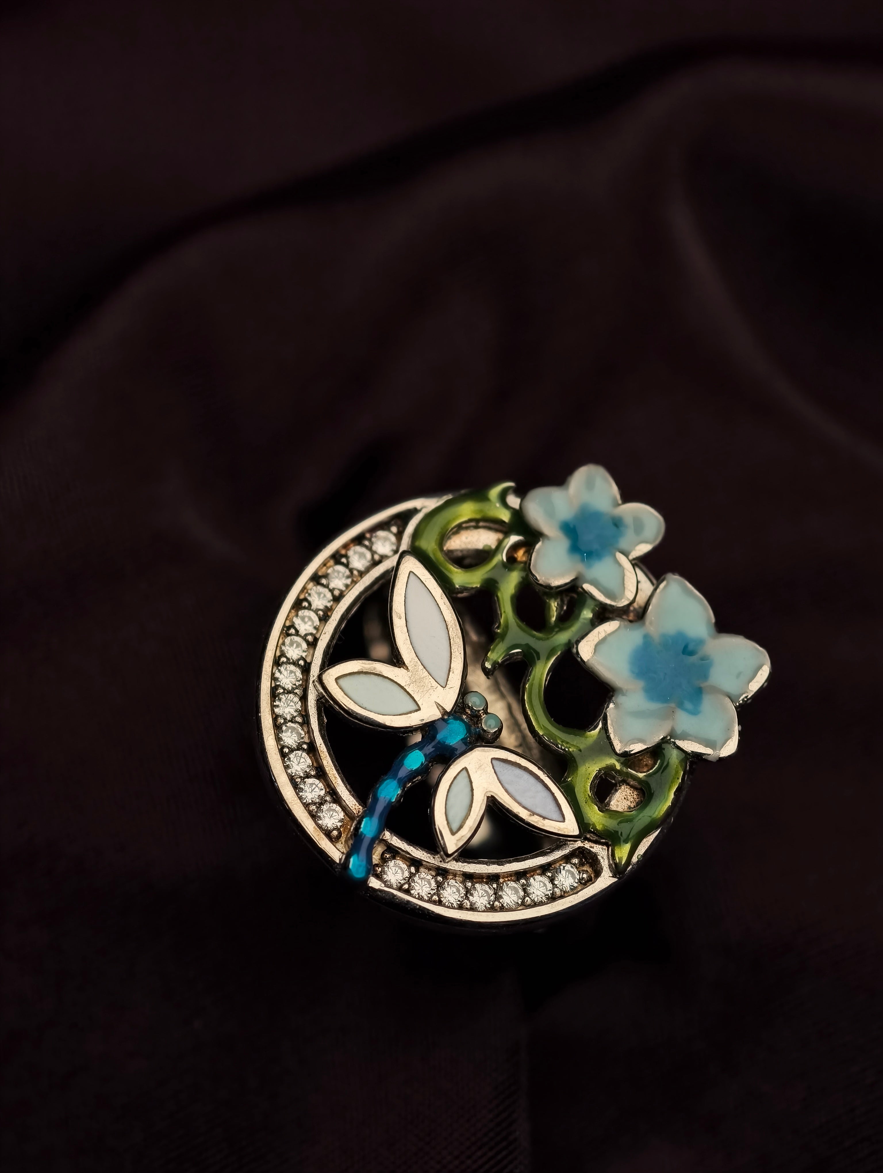 Dragonfly and Floral Statement Ring
